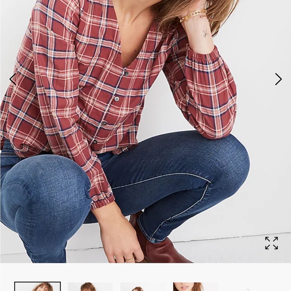 Madewell Plaid Long Sleeve V-neck Shirt Size Small